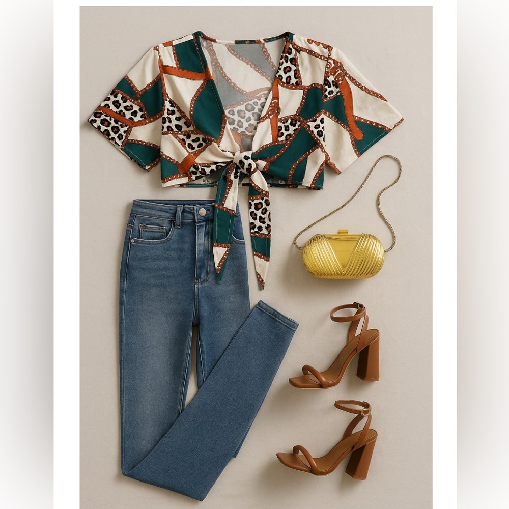 SHEIN tie-front blouse in bold mixed print. Cropped style, size XL